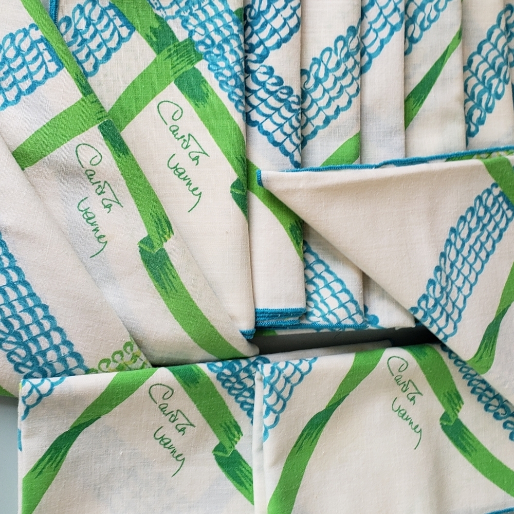 Carleton Varney Designer Vintage Napkins "Set Of 12" White Turquoise Green Sq… - Picture 2 of 16